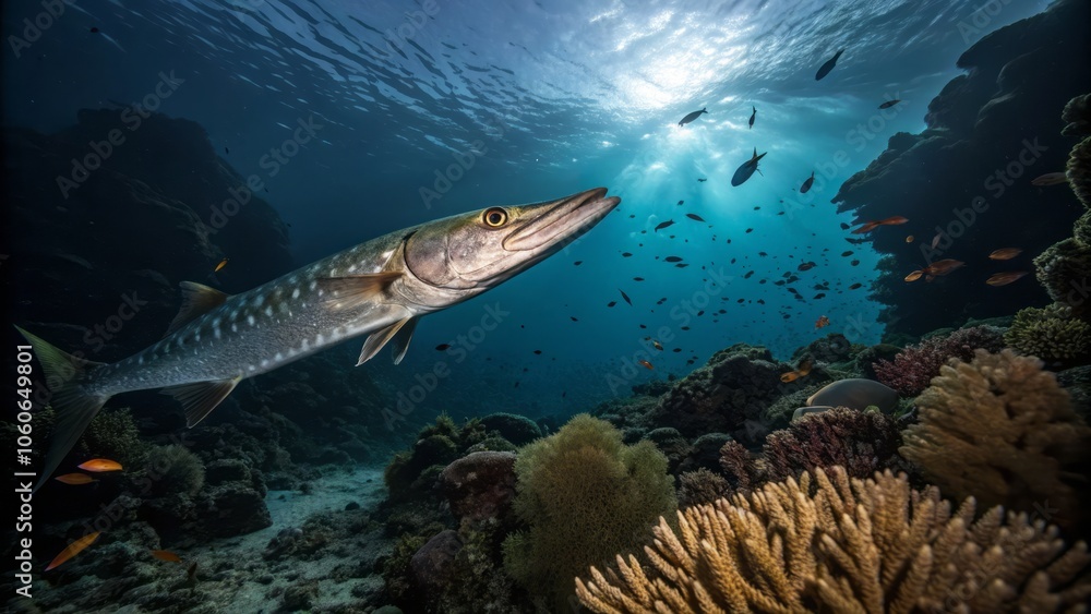 Obraz premium Dramatic Low-Key Underwater Shot Highlighting the Majestic Slender Body of a Marine Creature