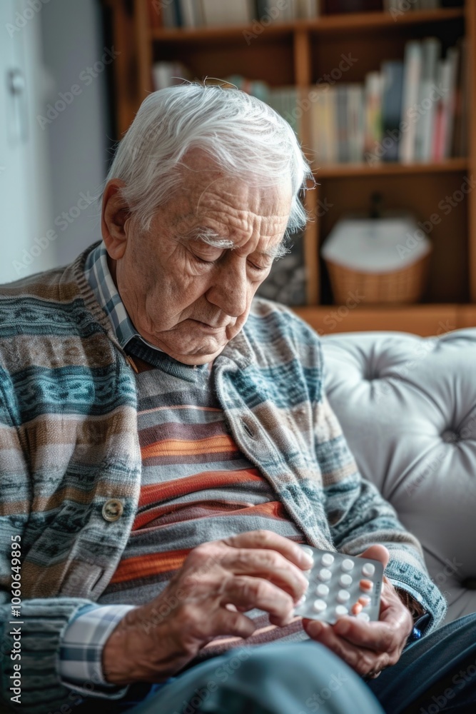 An elderly man is sitting on a couch and holding a pill bottle An elderly man is sitting on a couch and holding a pill bottle