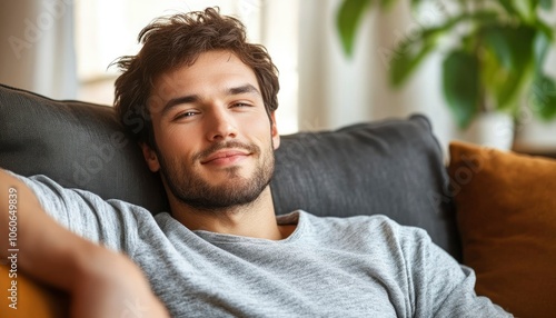 Relaxed Young Man with a Gentle Smile, Sitting on a Couch