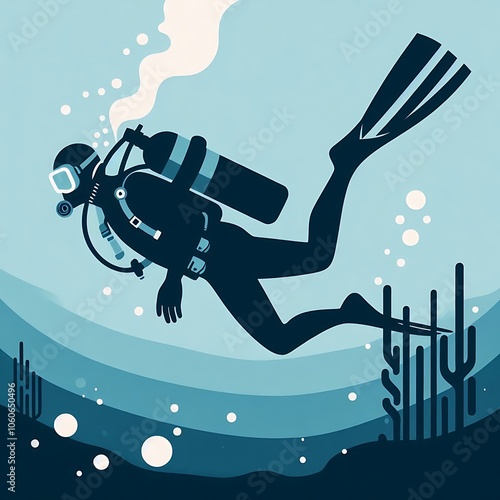 Under water Scooba diver, flat illustration photo