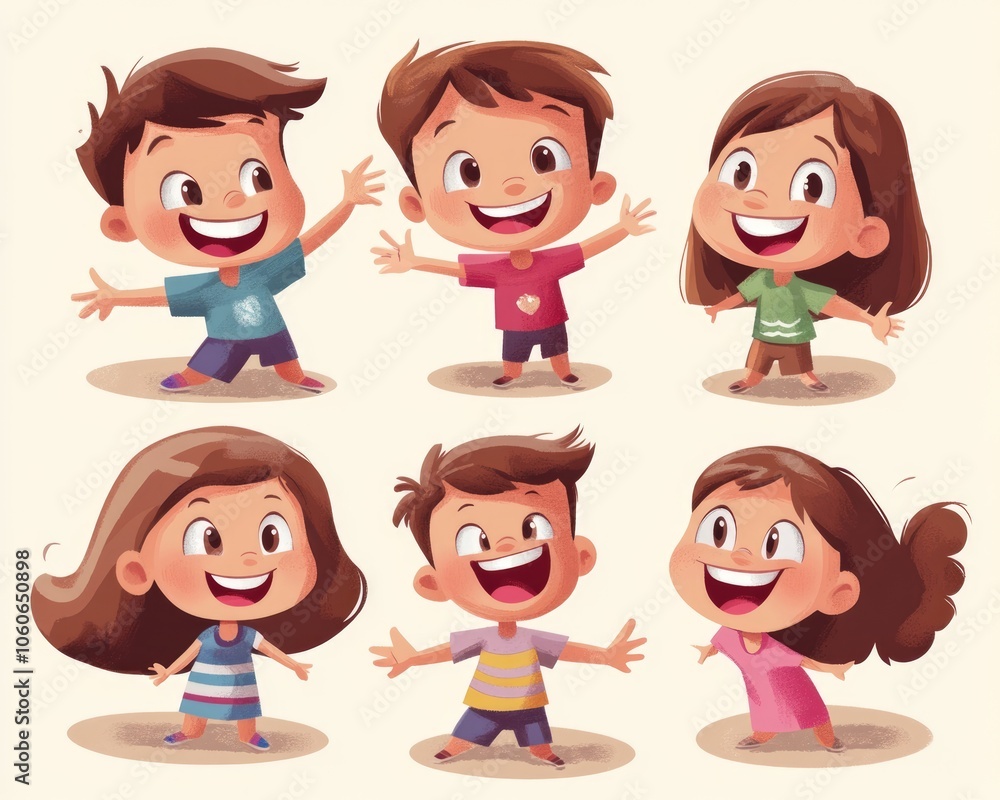 Cheerful Cartoon Children: Joyful Kids Illustration with Smiling Boy and Girl Cheerful Cartoon Children: Joyful Kids Illustration with Smiling Boy and Girl