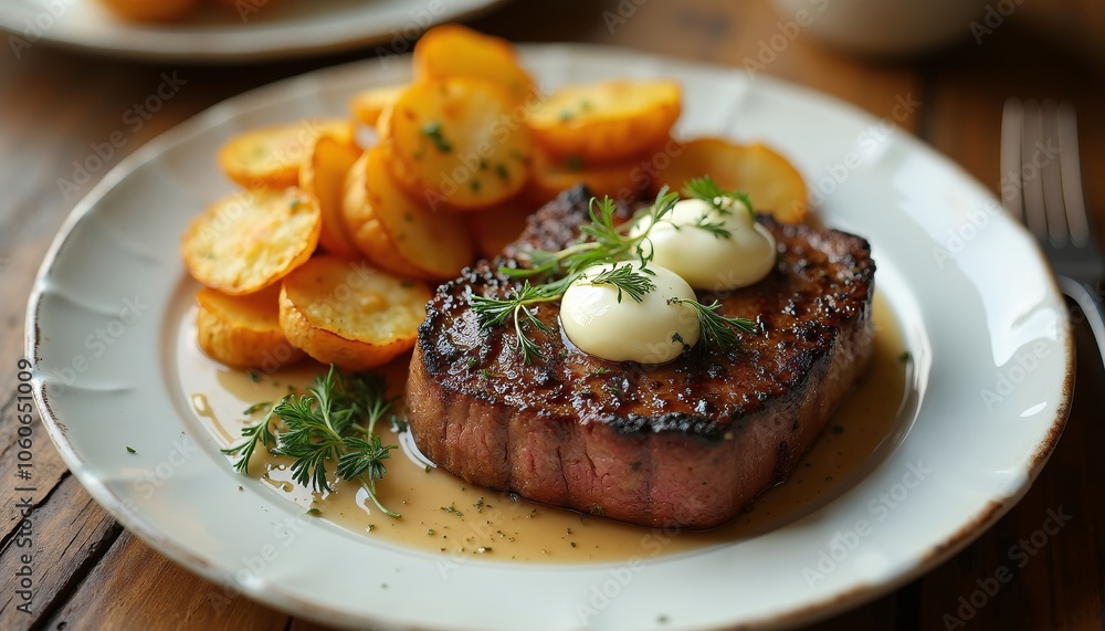 Close-Up of Succulent Medium-Rare Steak with Herb Butter and Potatoes Close-Up of Succulent Medium-Rare Steak with Herb Butter and Potatoes