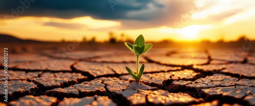 Barren cracked earth, single green seedling, dramatic sunset sky, hope in adversity, global warming, drought landscape, golden sunlight, cloudscape, environmental awareness, new life emerging, perseve