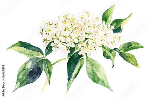 Elder Flower and Berry Watercolor Illustration. Herbal Medicine Concept with Fresh Elderflower and Berries on White Background