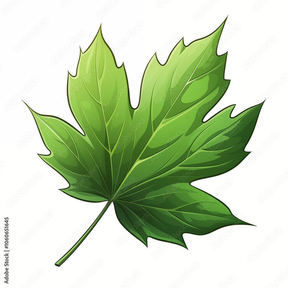 Detailed cartoon depiction of a vibrant green maple leaf on a plain background Detailed cartoon depiction of a vibrant green maple leaf on a plain background