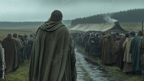 A lone figure walks towards a group of people in a medieval setting. photo