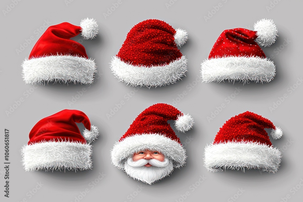 Six Santa Hats with One Showing Santa's Face Six Santa Hats with One Showing Santa's Face
