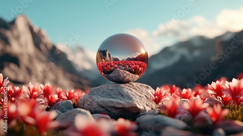 A reflective sphere perches on a rocky pedestal surrounded by vivid red blooms against a stunning mountain backdrop, blending natural and artificial elegance. photo