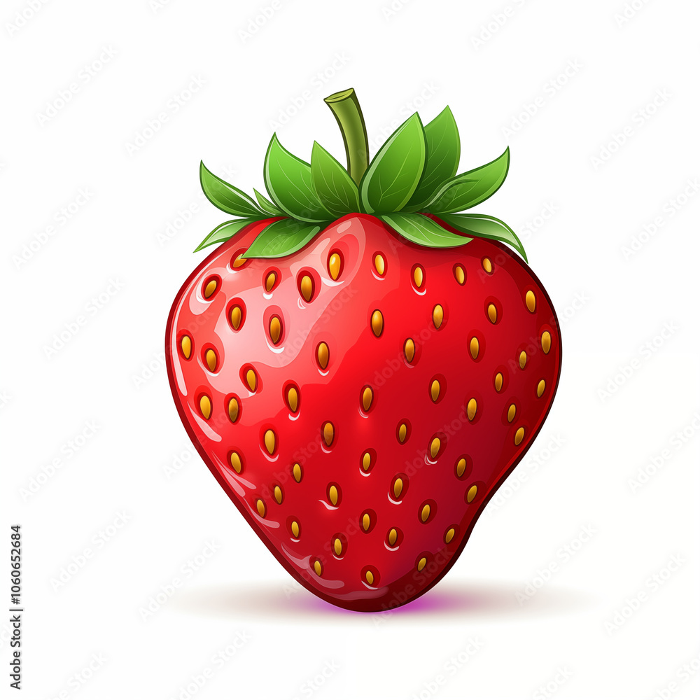 Obraz premium Bright and cheerful cartoon strawberry with vibrant red color and green leaves on a white background
