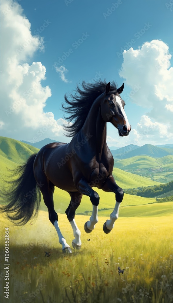 Fototapeta premium Majestic Horse Galloping Gracefully Through Vibrant Landscape Scene.