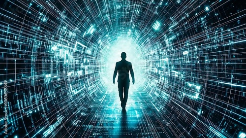 Image of a person walking through a virtual reality landscape, surrounded by vibrant data particles swirling around them