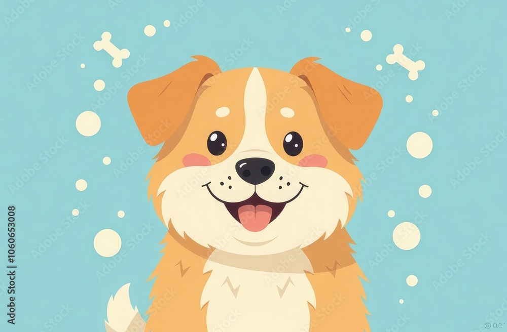 Portrait fluffy dog , smiling dog looking at camera, cartoon drawn circles with bones inside circles flying around dog head, blue pastel solid background Portrait fluffy dog , smiling dog looking at camera, cartoon drawn circles with bones inside circles flying around dog head, blue pastel solid background