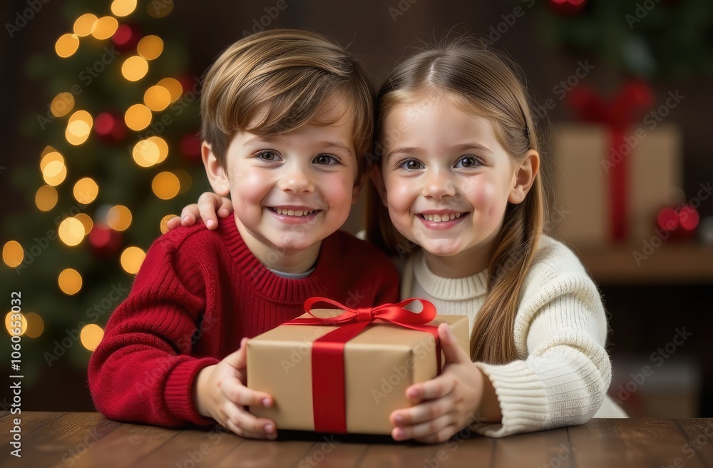 Happy and smiling brother and sister sit hugging each other, holding a New Year's gift in their hands against the background of a New Year's tree. Merry Christmas. Happy New Year Happy and smiling brother and sister sit hugging each other, holding a New Year's gift in their hands against the background of a New Year's tree. Merry Christmas. Happy New Year