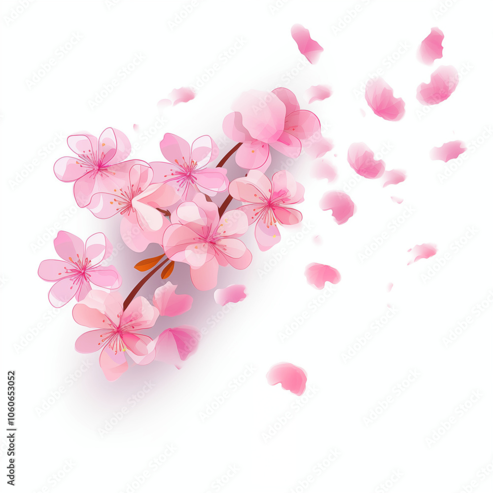 A delicate branch of cherry blossoms loses petals in a gentle breeze on a serene day A delicate branch of cherry blossoms loses petals in a gentle breeze on a serene day