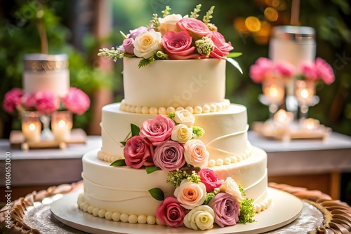 beautiful weeding cake with pink rose flower decoration