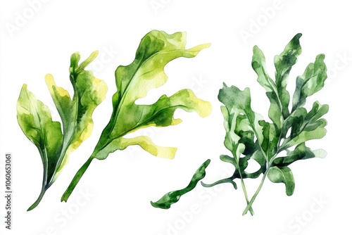 Fresh Sea Kale and Laminaria Seaweed. Watercolor Illustration of Green Superfoods for Healthy Cooking