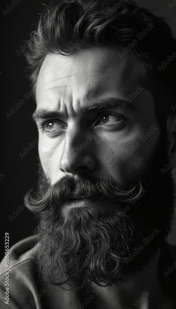 Close-Up Black-and-White Portrait of a Man's Mustache and Beard. Close-Up Black-and-White Portrait of a Man's Mustache and Beard.