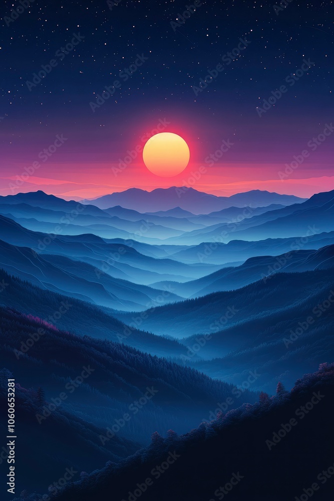 Fototapeta premium A large orange sun setting behind a layered mountain range with a starry sky