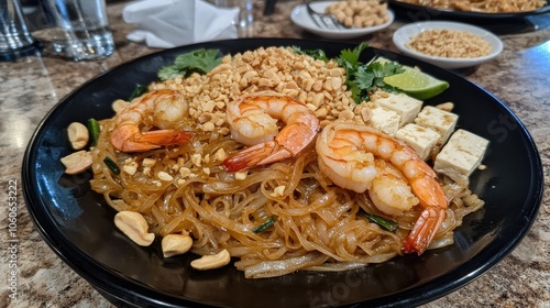 Pad Thai noodles topped with shrimp, tofu, peanuts, and fresh cilantro, served with lime