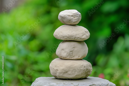 Stacked stones in a peaceful green garden, meditation, balance photo