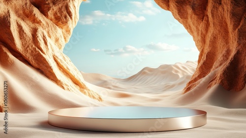 The peaceful desert scene features a large circular mirrored platform, surrounded by smooth, sandy hills and illuminated by a clear, sunny sky above. photo