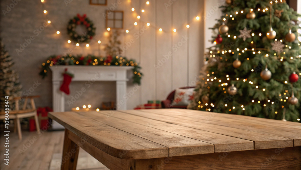 Obraz premium empty-soft-wooden-table-with-christmas-theme-in-background