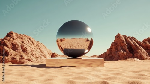 A shiny chrome sphere sits atop a metallic base within a vast expanse of sandy dunes, surrounded by rugged mountains under a deep blue, serene sky.