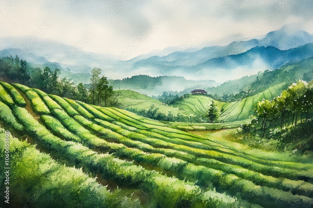 Green Tea Plantation in Rural Asia. Hand-painted Watercolor Landscape Green Tea Plantation in Rural Asia. Hand-painted Watercolor Landscape