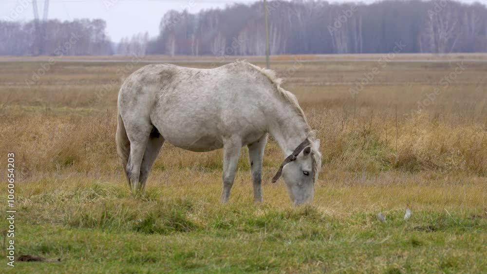a hungry horse eating grass in the field. horses walk through the autumn field in the village. A herd of horses is eating grass in the field. Cattle grazing. a hungry horse eating grass in the field. horses walk through the autumn field in the village. A herd of horses is eating grass in the field. Cattle grazing.