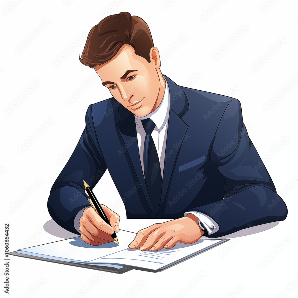A cartoon man in a suit diligently writing notes on a document at a desk during the day A cartoon man in a suit diligently writing notes on a document at a desk during the day