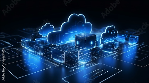 Glowing cloud computing data center of the future.