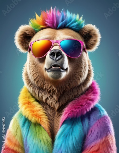 A bright bear with rainbow fur and sunglasses. An unusual and stylish image for the New Year mood.