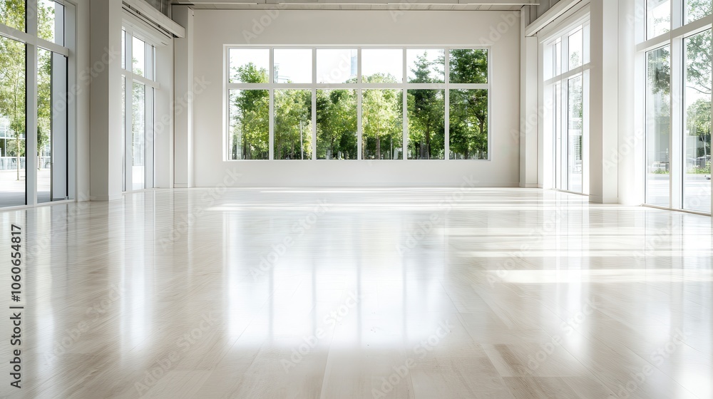 An open minimalist space featuring sleek, light wooden floors and vast windows revealing lush greenery outside, inviting natural light inside the room. An open minimalist space featuring sleek, light wooden floors and vast windows revealing lush greenery outside, inviting natural light inside the room.