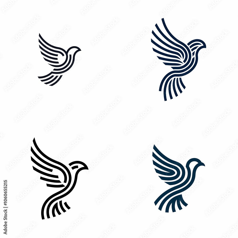 Obraz premium Set of 4 Stylized Bird Logos with Curved Lines and Open Wings on White Background