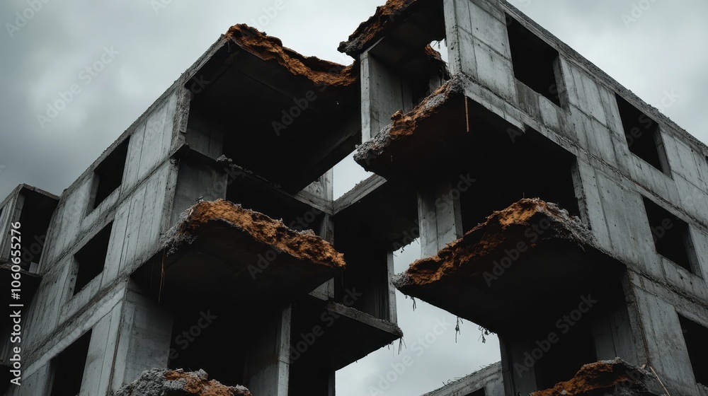 An unfinished, fragmented concrete building stands starkly against a cloudy sky, symbolizing urban decay and the passage of time in a modern architectural style. An unfinished, fragmented concrete building stands starkly against a cloudy sky, symbolizing urban decay and the passage of time in a modern architectural style.