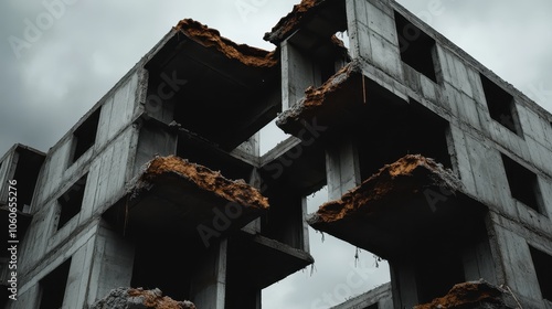 An unfinished, fragmented concrete building stands starkly against a cloudy sky, symbolizing urban decay and the passage of time in a modern architectural style. photo