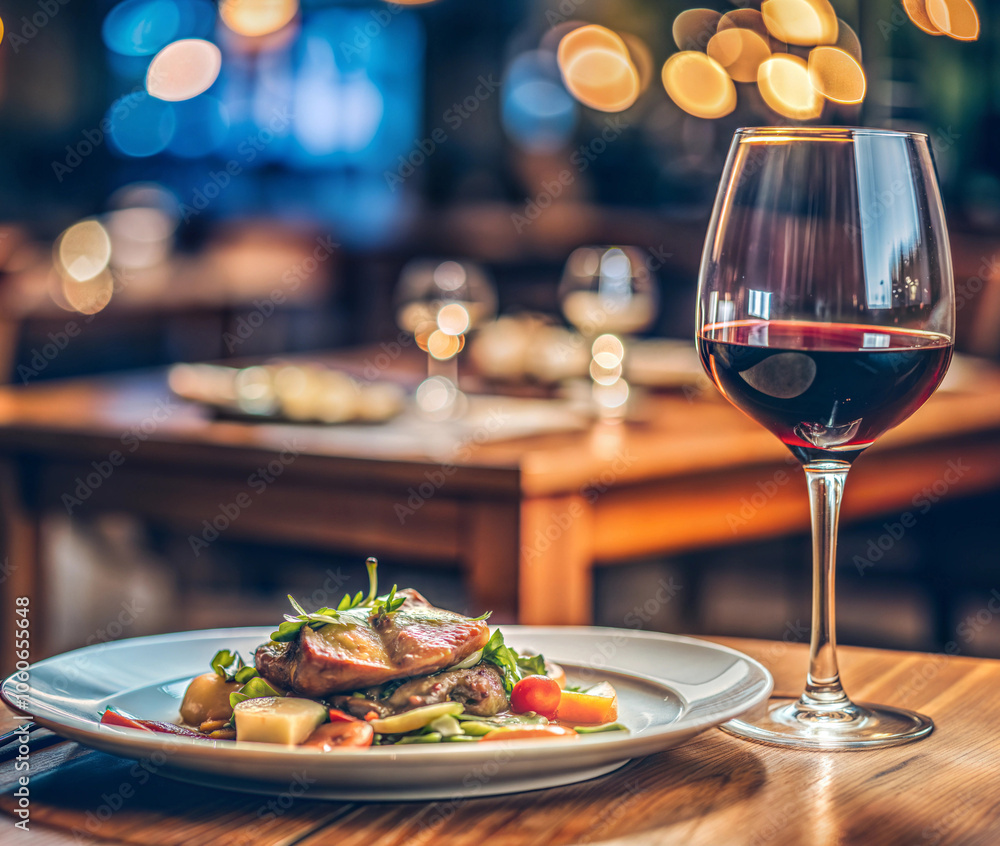 Dinner with a glass of red wine in a restaurant on a blurred background Dinner with a glass of red wine in a restaurant on a blurred background
