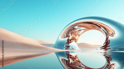 An innovative design showing a shiny, curved metallic arch over sand dunes, reflecting the sky, evoking themes of balance and endless possibilities. photo