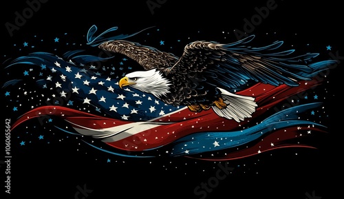 A majestic eagle with outstretched wings displaying the American flag on a black background during twilight