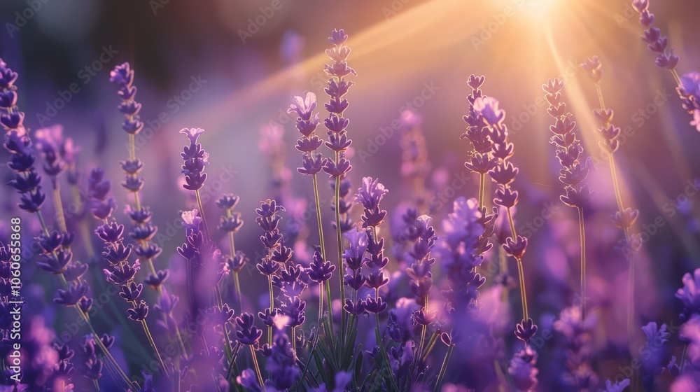 Sun rays shining through a field of lavender at dusk Sun rays shining through a field of lavender at dusk