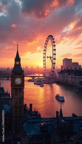 Stunning London Skyline at Sunset Featuring Iconic Landmarks and River.