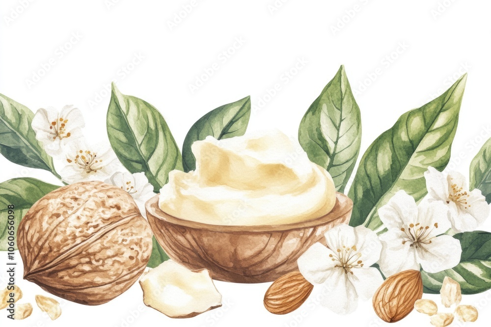 Natural Shea Nut Butter with Green Leaves. Watercolor Illustration for Skincare and Cosmetic Products Natural Shea Nut Butter with Green Leaves. Watercolor Illustration for Skincare and Cosmetic Products