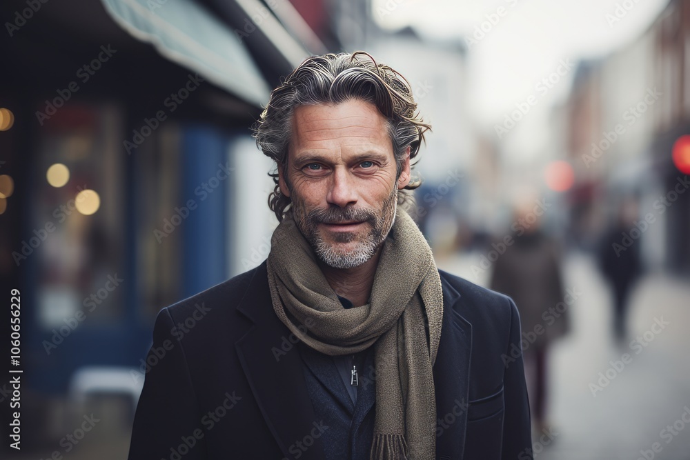 Portrait of handsome middle-aged man wearing coat and scarf in the city Portrait of handsome middle-aged man wearing coat and scarf in the city
