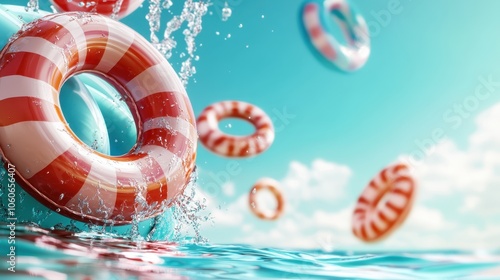 Dynamic scene of red floatation rings sprinkling water in an upward motion within a blue swimming pool, embodying summer excitement and lively aquatic activity. photo