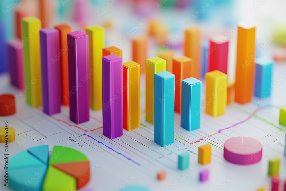 Colorful 3D Bar Graph and Pie Chart on White Paper Colorful 3D Bar Graph and Pie Chart on White Paper