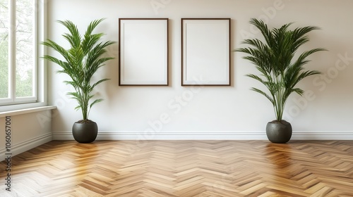 A bright, airy room features decorative plants flanking empty art frames. The space is elegant and minimalist, with a focus on natural lighting and texture. photo