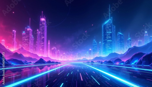 Wallpaper Mural Futuristic Digital Landscape with Vibrant Neon Colors and Shapes Torontodigital.ca