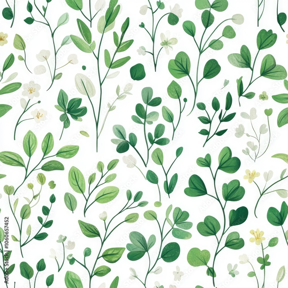 Spring Leaves and Flowers Watercolor Pattern in Green and White Spring Leaves and Flowers Watercolor Pattern in Green and White