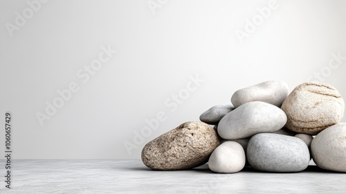 A collection of smooth, rounded stones piled casually on a smooth gray surface, exemplifying simplicity and balance, evoking feelings of peace and quietude. photo