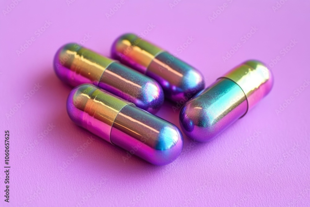 Four iridescent capsules on a purple background Four iridescent capsules on a purple background